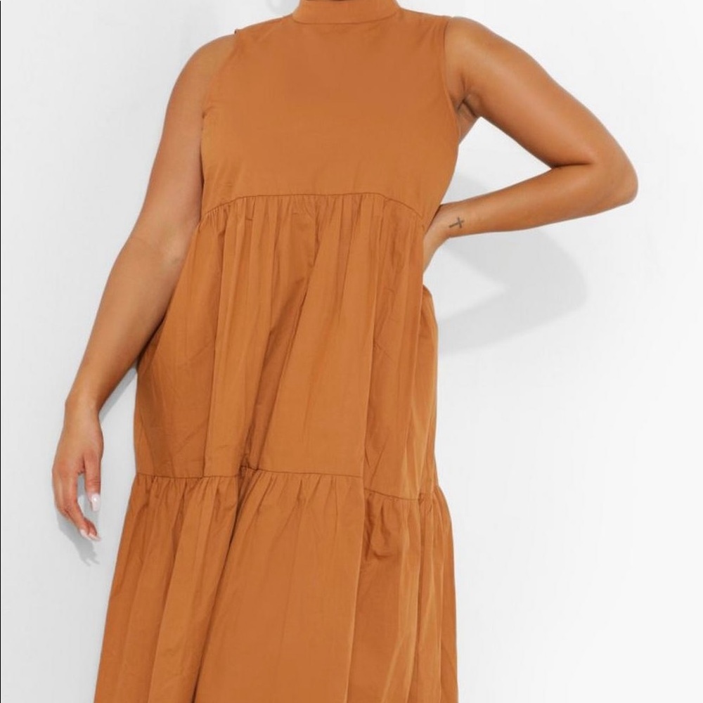 Boohoo plus - cotton high neck sleeveless tiered dress